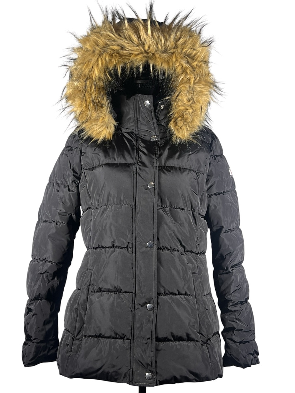 Tommy Hilfiger Black Puffer Jacket with Faux Fur Trim, Size Small